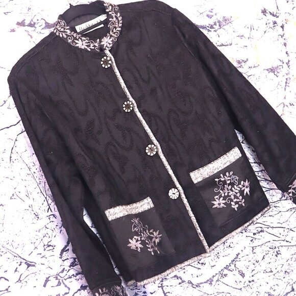 BLACK BEADED JACKET M Flashback 80s 90s Brocade Formal Prom Pockets Office Party - Picture 1 of 7